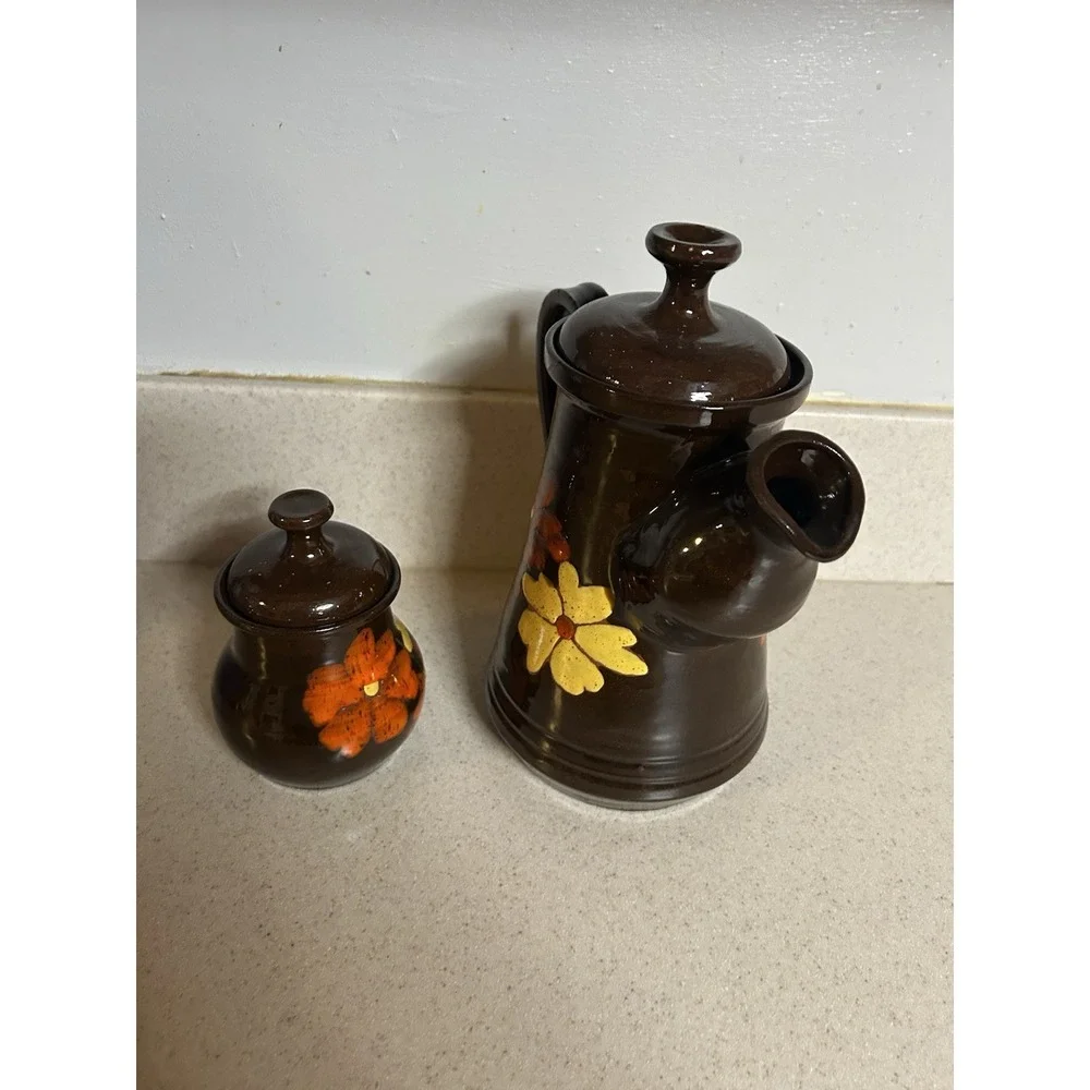 Vintage 70's Hand painted Tea/coffee Pot With Sugar Bowl Clay‎ Glazed Flowers